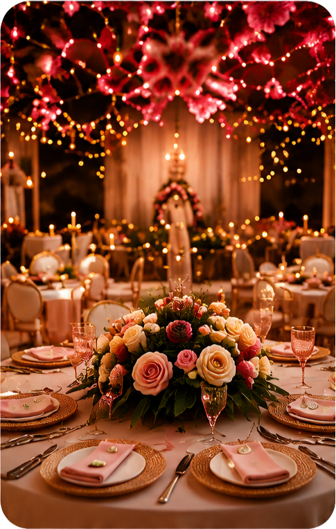 Mesa decorada com flores e luzes